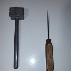 Two Vintage Kitchen Tools-Steel Meat Tenderizer and Wooden Handle Ice Pick